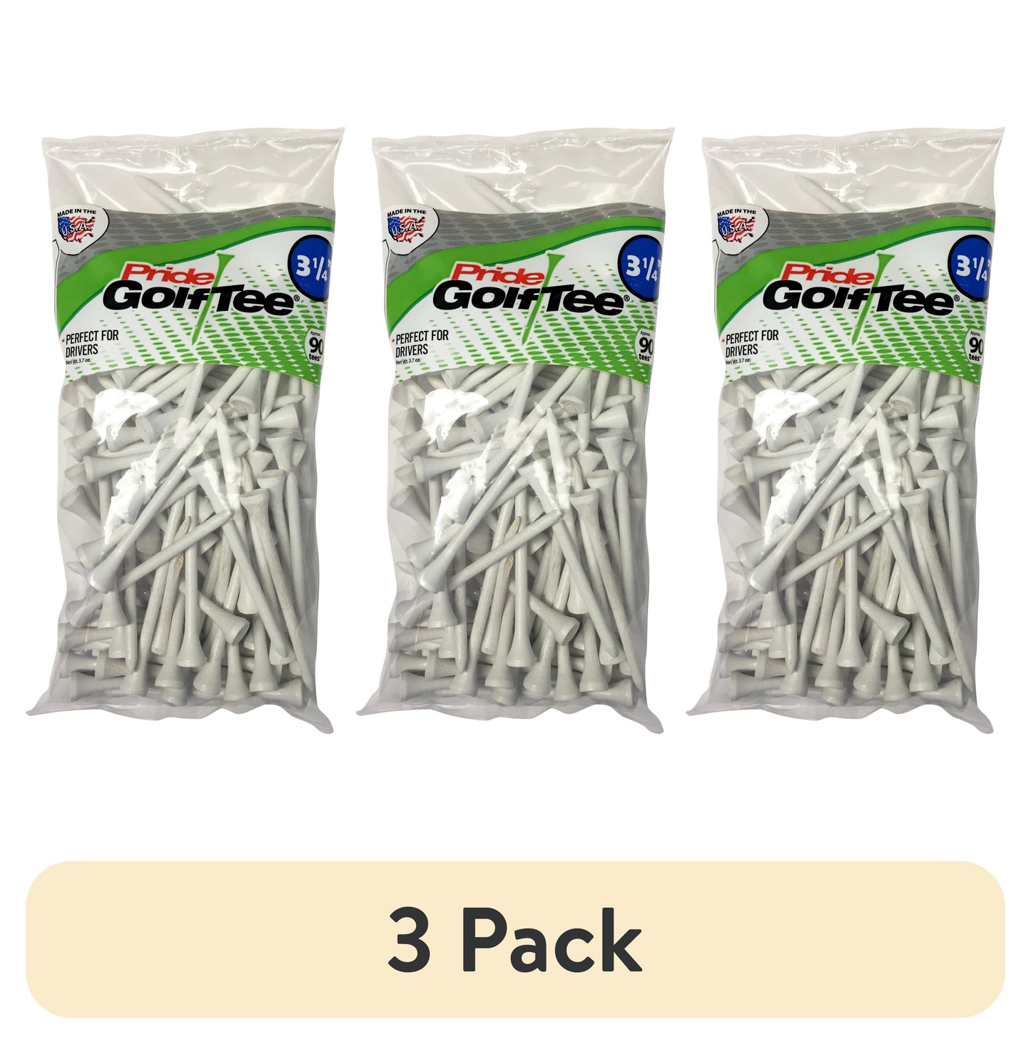 (3 Pack) Wood Golf Tee, 3-1/4 Inch, White, 90 Count